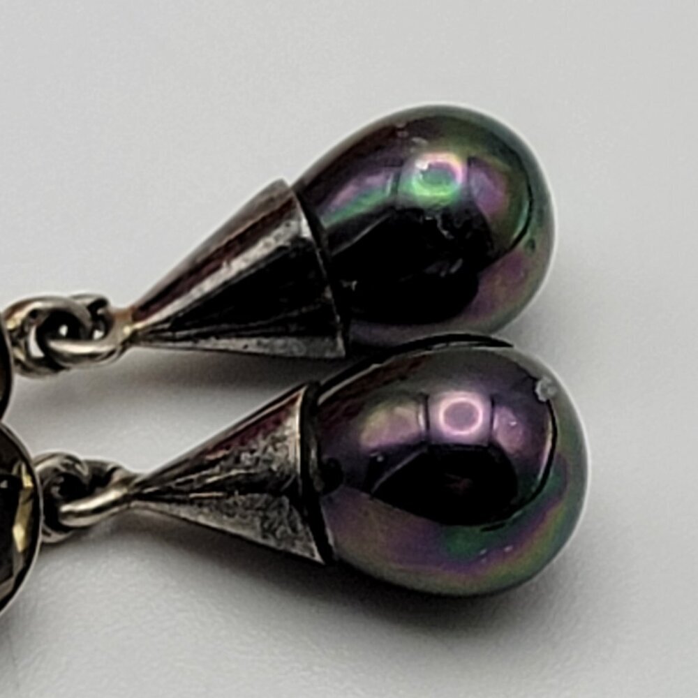 925 Sterling Silver Citrine And Peacock Pearl Teardrop Earrings Pierced  1.5" - Picture 4 of 10